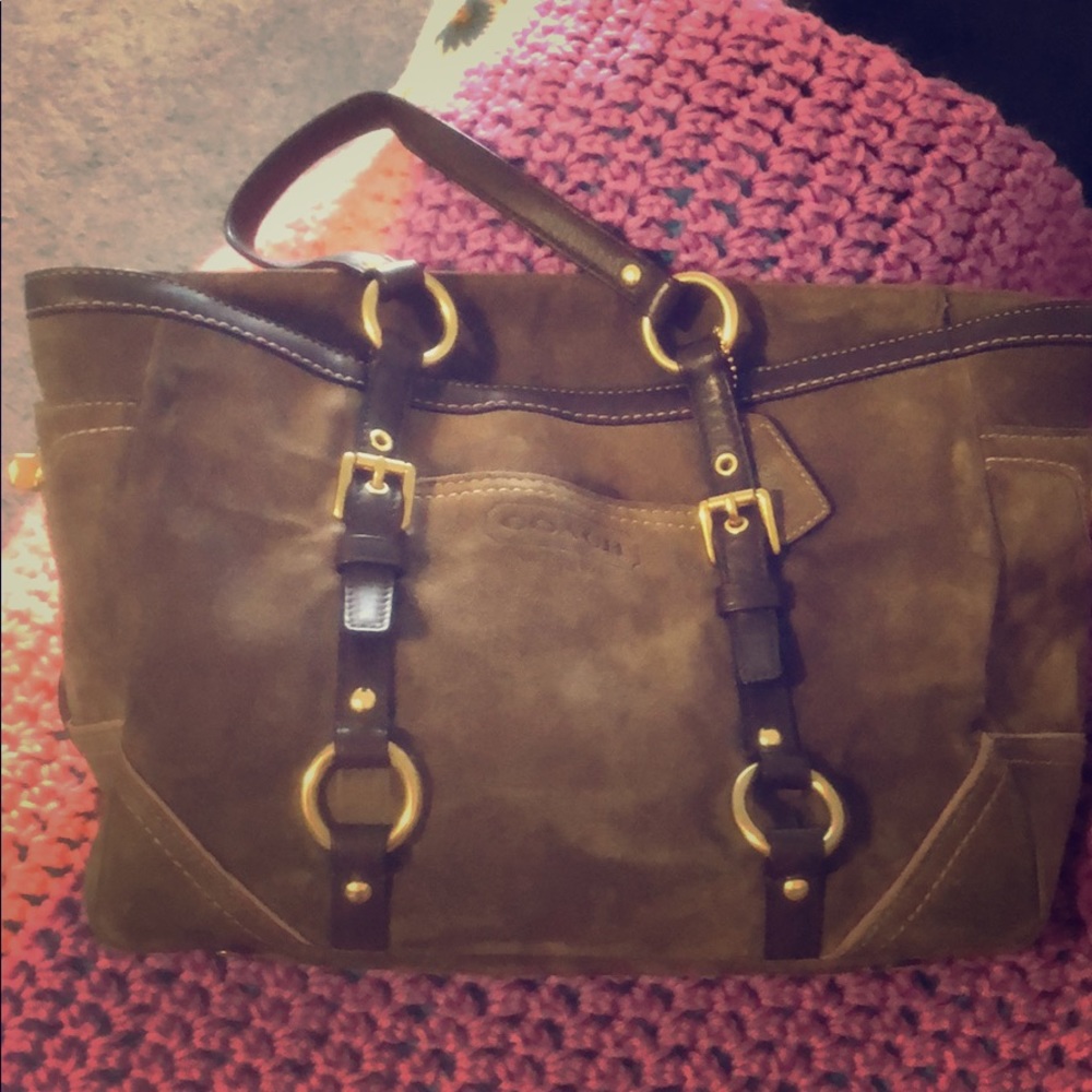 Coach hand bag brown suede pink